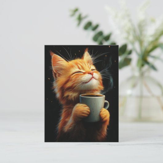 Adorable Ginger Kitty With a Coffee Postkarte (Stehend Vorderseite)