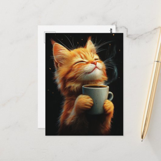 Adorable Ginger Kitty With a Coffee Postkarte (Vorderseite/Rückseite Beispiel)