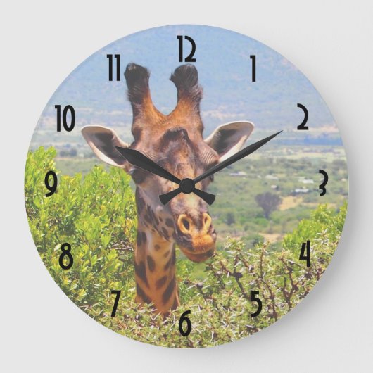 Adorable Giraffe, die seinen Kopf über den Bäumen Große Wanduhr (Vorderseite)