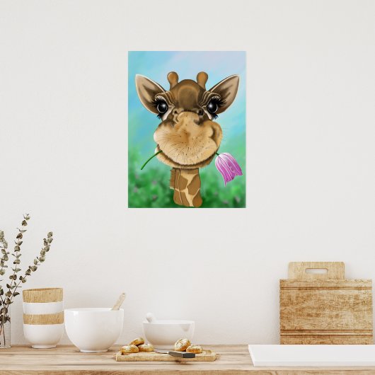 Adorable Giraffe mit Blume Poster (Küche)