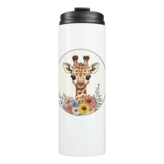 Adorable Giraffe mit Blume Thermosbecher (Vorderseite)