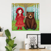 Adorable Girl and Bär in Whimsical Forest Poster (Heimbüro)