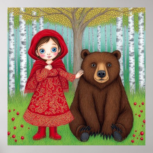 Adorable Girl and Bär in Whimsical Forest Poster (Vorne)