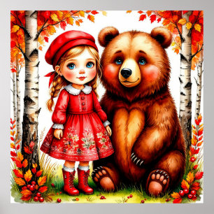 Adorable Girl and Bär in Whimsical Forest Poster
