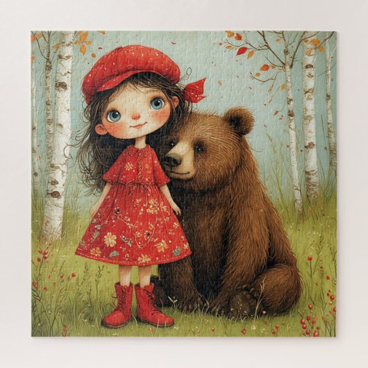 Adorable Girl and Bär in Whimsical Forest Puzzle (Vertikal)