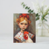 Adorable Girl mit ihrem Hähnchen Postkarte (Stehend Vorderseite)