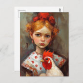 Adorable Girl mit ihrem Hähnchen Postkarte (Vorne/Hinten)
