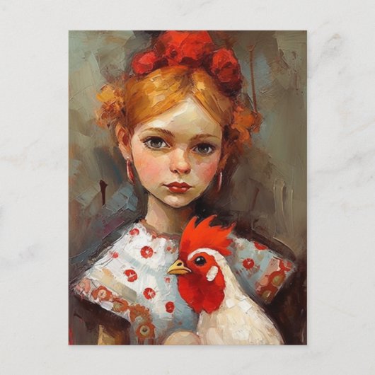 Adorable Girl mit ihrem Hähnchen Postkarte (Vorderseite)