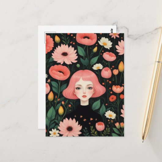 Adorable Girl mit rosa Haar in den Blume Postkarte (Vorderseite/Rückseite Beispiel)