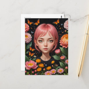Adorable Girl mit rosa Haar in den Blume Postkarte