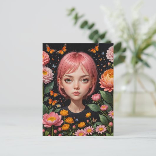 Adorable Girl mit rosa Haar in den Blume Postkarte (Stehend Vorderseite)