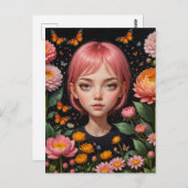 Adorable Girl mit rosa Haar in den Blume Postkarte (Vorne/Hinten)