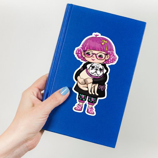 Adorable Girl umarmt einen Mops Aufkleber