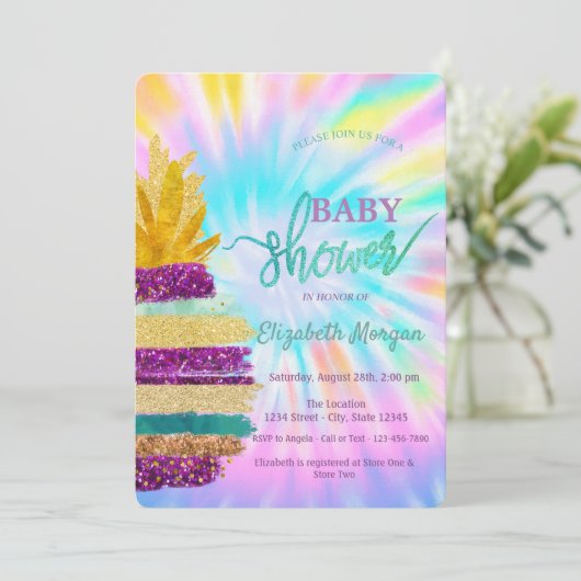 Adorable Glitzer Ananas Gefärbte Krawatte Babydusc Einladung (Stehend Vorderseite)