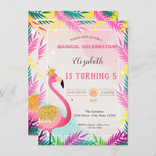 Adorable Glitzer Rosa Flamingo Palm Blätter Einladung (Vorne/Hinten)
