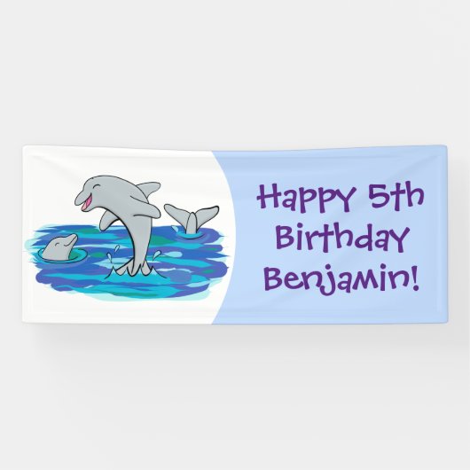 Adorable glückliche Delfine personalisiert Geburts Banner (Horizontal)