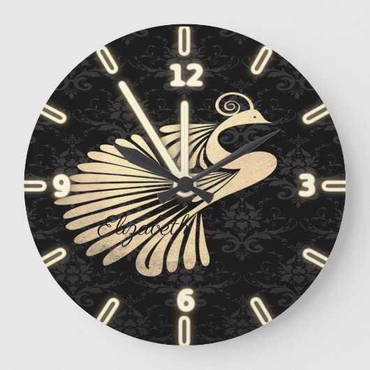 Adorable Gold Peacock Black Damask - Personalisier Große Wanduhr (Vorderseite)