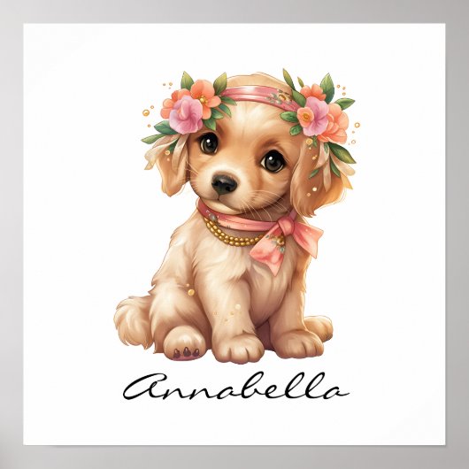 Adorable Golden Retriever Puppy Floral Poster (Vorne)