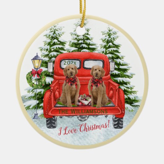 Adorable Goldendoodles Vintager roter Lkw Ornament (Vorne)