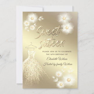 Adorable Goldkleid Perle floralen 16 . Geburtstag Einladung