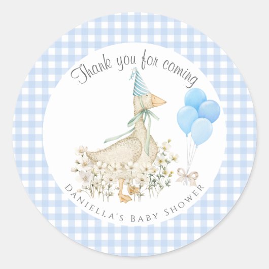 Adorable Goose Boy Baby Dusche Blue Gingham Runder Aufkleber (Vorderseite)