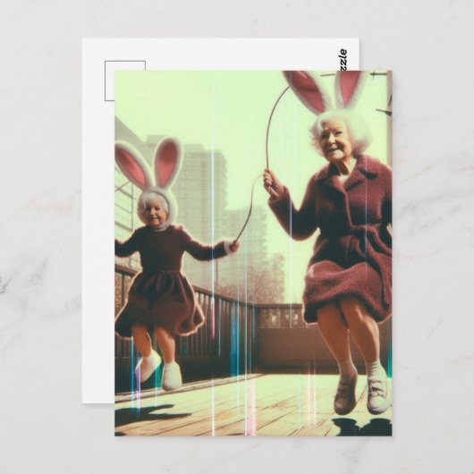 Adorable Granny Oaster Bunnies Jumping Rope Glitch Postkarte (Vorne/Hinten)
