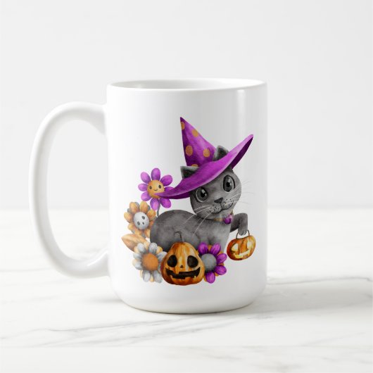 ADORABLE GRAY HALLOWEEN CAT MIT BLUME BATTEN KAFFEETASSE (Links)