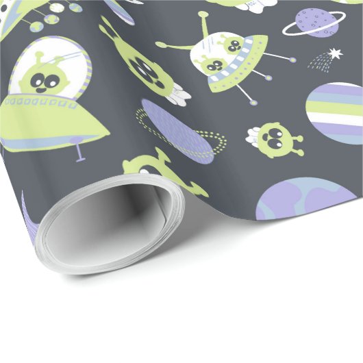 Adorable Green Außerirdischen Space Ships UFO Kind Geschenkpapier (Rolleneckpunkt)
