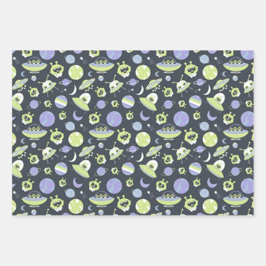 Adorable Green Außerirdischen Space Ships UFO Kind Geschenkpapier Set (Vorderseite)