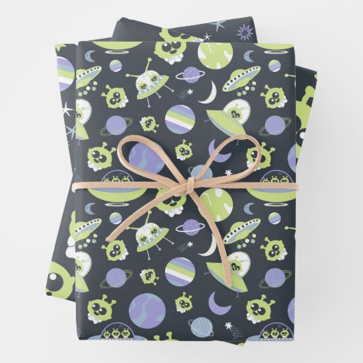 Adorable Green Außerirdischen Space Ships UFO Kind Geschenkpapier Set (Beispiel)
