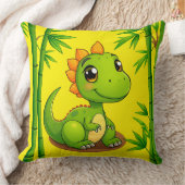 Adorable Green Cartoon Dinosaur Amid Bamboo Pflanz Kissen (Decke)