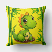 Adorable Green Cartoon Dinosaur Amid Bamboo Pflanz Kissen (Rückseite)