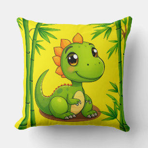 Adorable Green Cartoon Dinosaur Amid Bamboo Pflanz Kissen