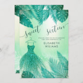 Adorable grüne tropische Blätter Glitzer süß 16 Einladung (Vorne/Hinten)