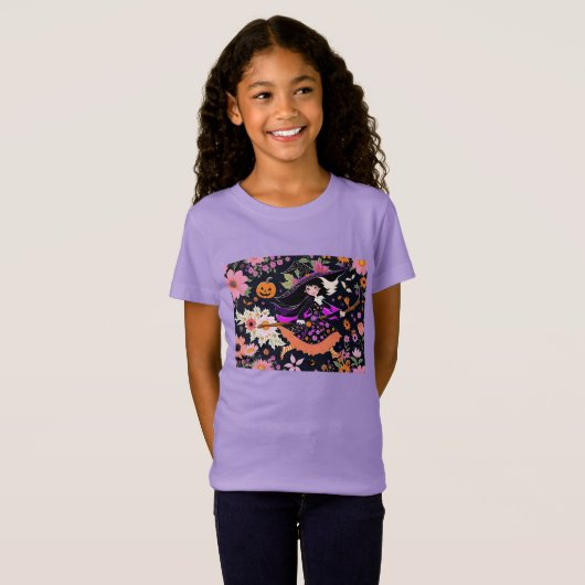 Adorable Halloween Hexe mit Blume und Kürbis T-Shirt (Vorne ganz)