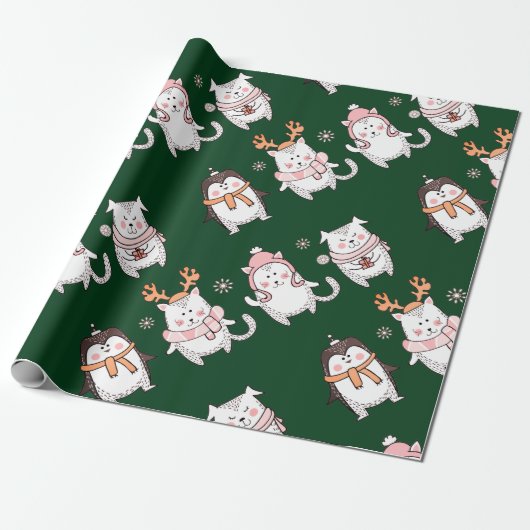 ADORABLE HAND DRAWN CHRISTMAS TIERGESCHENKE WRAPPI GESCHENKPAPIER (Ungerollt)