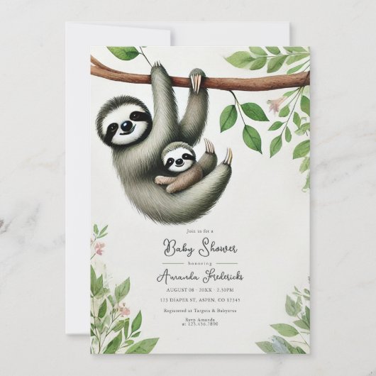 Adorable Hanging Sloth Baby Dusche Einladung (Vorderseite)