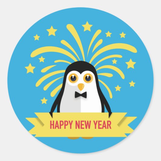 Adorable Happy New Year Pinguin mit Feuerwerken Runder Aufkleber (Vorderseite)