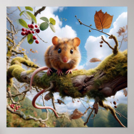 Adorable Hazel Dormouse in a Woodland Tree Poster