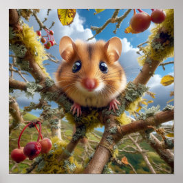 Adorable Hazel Dormouse in a Woodland Tree Poster