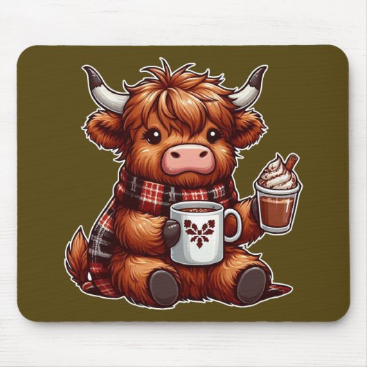 Adorable Highland Cow Genießen gemütliche Getränke Mousepad (Vorne)