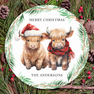 Adorable Highland Kuh Calf Farm Frohe Weihnachten Runder Aufkleber