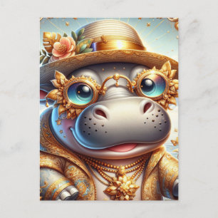 Adorable Hippo in Gold Bling Postkarte