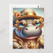 Adorable Hippo in Gold Bling Postkarte (Vorne/Hinten)
