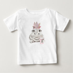 ADORABLE HIPPO MIT PINK & TAN FEATHERS BABY T-SHIRT