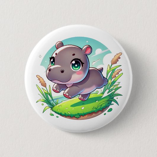 Adorable Hippopotamus springt freudig Button (Vorderseite)