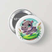 Adorable Hippopotamus springt freudig Button (Vorne & Hinten)