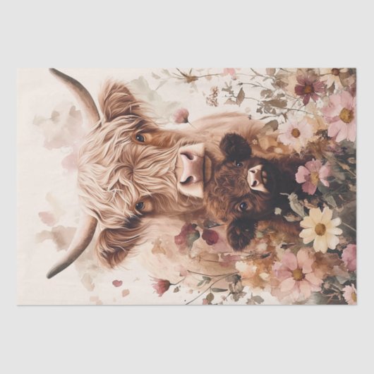 Adorable Hochlandkuhkalb mit Mama Decoupage Seidenpapier (Vorderseite)