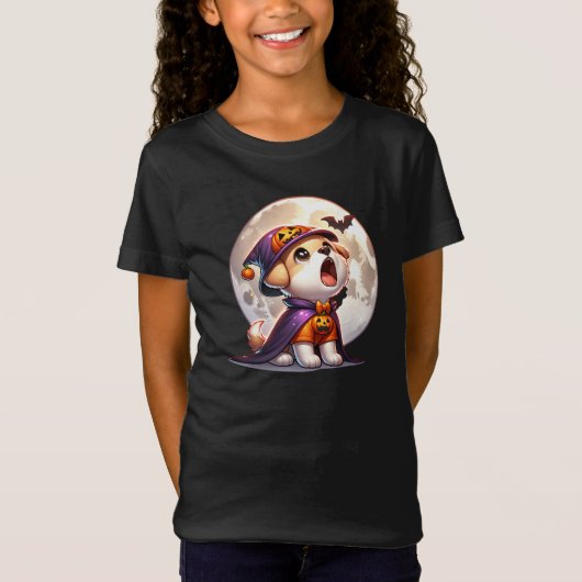 Adorable Howling Halloween Pup unter dem Mond T-Shirt (Vorderseite)