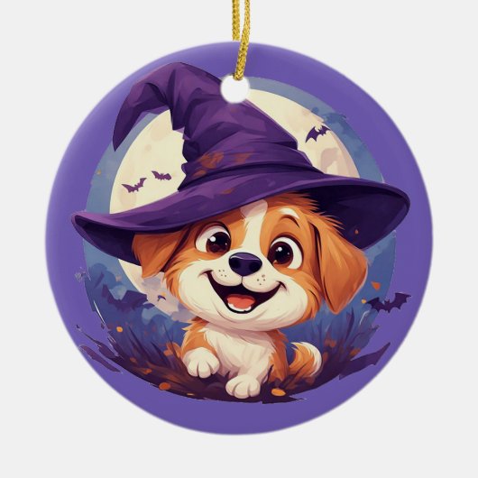 Adorable Hund in Hexenhut Keramik Ornament (Vorne)